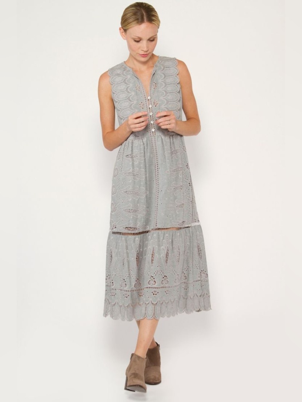 Sea New York 100% Cotton Embroidered Eyelet Tiered Sleeveless Midi Dress